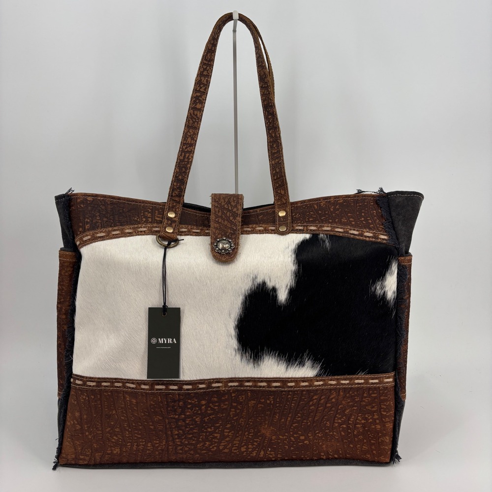 Myra Asher Weekender Bag Women Brown Cowhide Canvas Leather S-6780